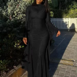 InGrily o-Neck Sexy 2025 Trend Women Dress See Through Coquette Side Tassel Full Sleeve Stretch Midnight Party Maxi Bodycons - Image 4