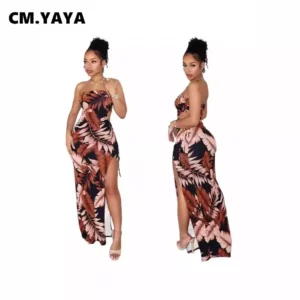 CM.YAYA Women Leaf Printed Strapless Sleeveless High Split Maxi Dress 2024 New Summer Sexy Evening Party Long Dresses Vestidos - Image 3