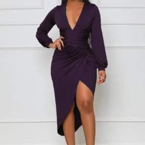 CM.YAYA Women Elegant Wraped V-neck Corset High Waist Ruched Up High Side Split Bodycon Asymmetrical Dresses Winter Autumn Dress - Image 5