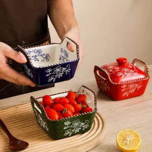 Ceramic Microwave Baking Bowl Home Hand-painted Isolation Painted with Lid Bead Point Snack Candy Dried Fruit Bowl with Cover - Image 3