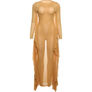 InGrily o-Neck Sexy 2025 Trend Women Dress See Through Coquette Side Tassel Full Sleeve Stretch Midnight Party Maxi Bodycons - Image 3
