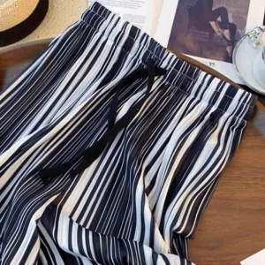 Summer Striped Casual Pants Korean Wide Leg Women's Clothing Contrasting Colors High Waist Elastic Fashion Drawstring Trousers - Image 5