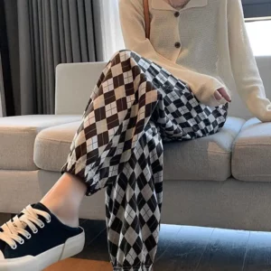 Casual Spring Summer High Waist Loose Harem Trousers Fashionable Korean Plaid Drawstring Nine Points Sports Pants Womens Trend - Image 3