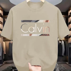 Men's Casual Athletic Short Sleeve T-Shirt - Summer Sportswear with "CALVIN" Graphic Print, Beige, Lightweight Polyester Fabric, - Image 4