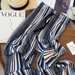 Summer Striped Casual Pants Korean Wide Leg Women's Clothing Contrasting Colors High Waist Elastic Fashion Drawstring Trousers - Image 4