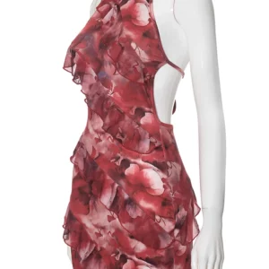 Weird Puss Multilayer Ruffles Dress Women Y2K Backless Halter Tie-Dye Flowers Sleeveless Sexy Stretch Elegant Clubwear Bodycon - Image 3