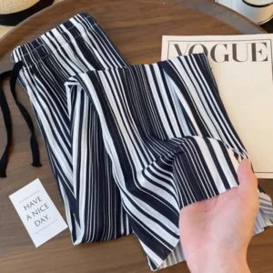 Summer Striped Casual Pants Korean Wide Leg Women's Clothing Contrasting Colors High Waist Elastic Fashion Drawstring Trousers - Image 3