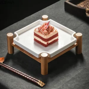 Nordic Creative Steak Plate Ceramic Dessert Cake Display Plate with Wooden Frame Family Party Barbecue Plate Kitchen Tableware - Image 4