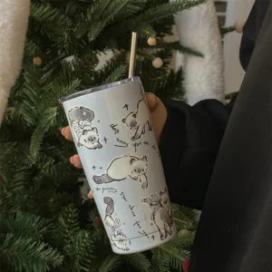 Cute Cat Tumbler Thermal Cup For Coffee Tea Beer Juice 550ml Kawaii Sainless Steel Thermos With Straw Car Cup Water Bottle Gift - Image 3