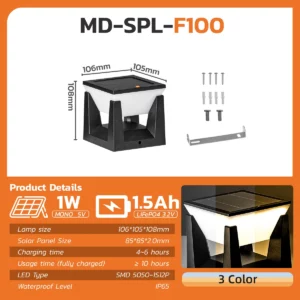 3-Color Solar Post Light IP65 Waterproof Outdoor Garden Yard Pathway LED Lamp - Solar Powered Lighting - Image 3