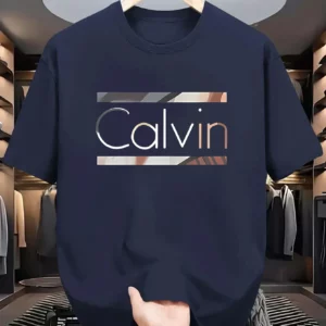 Men's Casual Athletic Short Sleeve T-Shirt - Summer Sportswear with "CALVIN" Graphic Print, Beige, Lightweight Polyester Fabric, - Image 1
