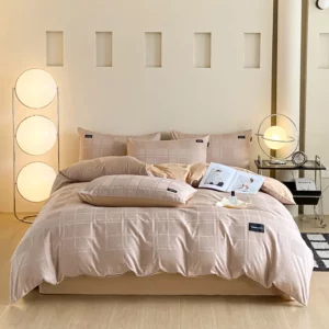 Luxury Plaid Jacquard Cotton Duvet Cover Soft Light Coffee Solid Bedding Sets with Zipper Closure Reversible Comforter Covers - Image 3