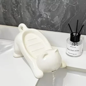 Kawaii White Cat Soap Drain Rack Kitchen Sponge Storage Rack Bathroom Soap Holder Non-slip Container Cute Home Organizer - Image 1