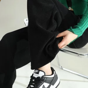 Ladies Simplicity Buttons Solid Color Elastic Waist Fleece Straight Autumn All-match Drawstring High Waist Plus Size Trousers - Image 6