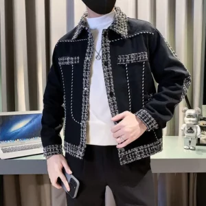 Autumn Winter New Fashion Turn-down Collar Long Sleeve Patchwork Color Blocking Jackets Men's Clothing Pockets Korean Chic Tops - Image 3