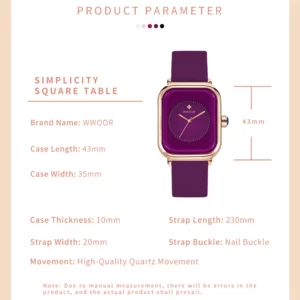 WWOOR Luxury Brand Watches For Women Fashion Square Purple Ladies Quartz Wristwatch Waterproof Silicone Band Relogio Feminino - Image 5