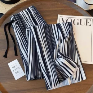 Summer Striped Casual Pants Korean Wide Leg Women's Clothing Contrasting Colors High Waist Elastic Fashion Drawstring Trousers - Image 6