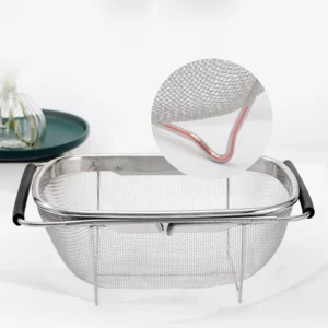 Retractable Basket Rubber Grip Handle Stainless Steel Oval Colander Vegetable Draining Rack Wash Sink Strainer - Image 4