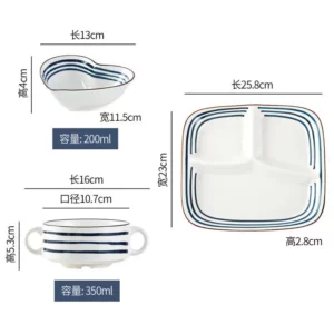 HOONRA Set of 3 Divided Plate With Cup Bowl Ceramic Kitchen Food Container Tableware Safe in Microwave Oven Dishwasher Lunch Box - Image 6