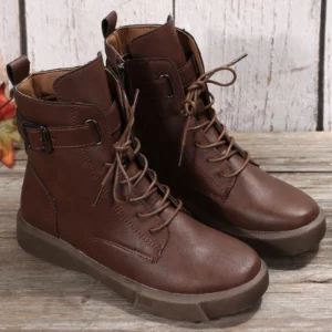 Large British Style leather shoes Short Sleeved Boots For Women's Autumn Lace Up Belt Buckle Retro Leather Boots botas mujer - Image 5