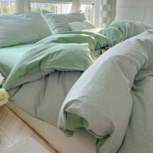 100% Washed Cotton Duvet Cover Set Cream, 4 Pieces Luxury Soft Bedding Set with Buttons Closure,Striped Pattern Duvet Cover - Image 2