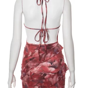 Weird Puss Multilayer Ruffles Dress Women Y2K Backless Halter Tie-Dye Flowers Sleeveless Sexy Stretch Elegant Clubwear Bodycon - Image 4