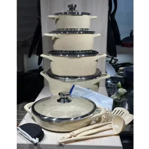 Cookware Set 17 Pieces Brown Granite Aluminum Non-Stick Cookware Set Kitchen - Image 5