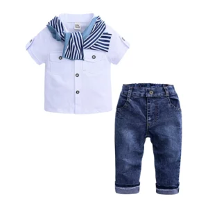 2025 Summer Boys Outfits Set 3Pcs Kids Random Cool Clothes Toddler T-Shirt + Jeans + Scarf Fashion Suits Children's Clothing Set - Image 2