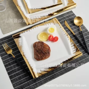Square Phnom Penh Western Food Plate Thickened Ceramic Steak Plate Shanxi Huairen Daily-use Porcelain Hotel Electroplated - Image 4