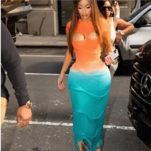 Sexy Knitted Gradient Orange Blue Hollow Out Maxi Dress Women Fashion Short Sleeve Skinny Stretch Tassel Y2K Birthday Long Dress - Image 2
