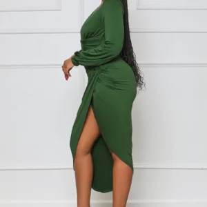 CM.YAYA Women Elegant Wraped V-neck Corset High Waist Ruched Up High Side Split Bodycon Asymmetrical Dresses Winter Autumn Dress - Image 4