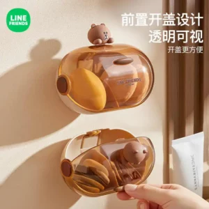 Line Friends Brown Desktop Beauty Egg Puff Transparent Storage Box Household Cosmetics Shelf Dustproof Wall Hanging Debris Box - Image 2
