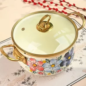 Enamel Soup Pot Large Capacity 5.5L Kitchen Cookware Enamel Stew Pot Double Handle Classical Flowers Thickened Cooking Pan - Image 2