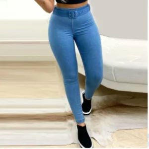 2022 Summer New Blue Lady Jeans Fashion Tight Belt Pants Women's Jean Woman Long High Waist Denim Trousers - Image 3