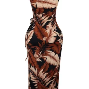 CM.YAYA Women Leaf Printed Strapless Sleeveless High Split Maxi Dress 2024 New Summer Sexy Evening Party Long Dresses Vestidos - Image 5