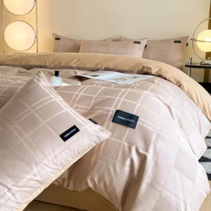 Luxury Plaid Jacquard Cotton Duvet Cover Soft Light Coffee Solid Bedding Sets with Zipper Closure Reversible Comforter Covers - Image 2
