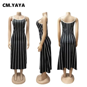 CM.YAYA 2025 Summer Women Striped Print O-Neck Long Midi Dress Sleeveless Sexy Backless Night Club Party Evening Vestido Dresses - Image 5