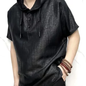 Fashion Solid Color Button Casual Short Sleeve Hooded T-Shirts Men's Clothing 2024 Summer Loose Korean Tops All-match Tee Shirt - Image 1
