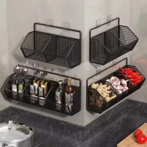 Wall-mounted Kitchen Storage Basket Perforation-free Iron Partition Storage Rack for Kitchen Ingredients Sorting Storage Basket - Image 3