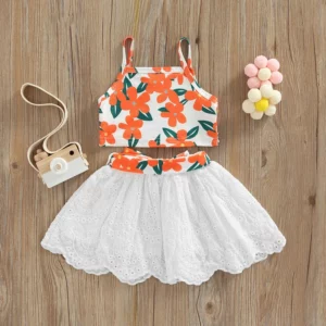 FOCUSNORM 0-4Y Lovely Kids Girls Clothes Sets 2pcs Flowers Lace Spaghetti Strap Camisole + Hollow-out Solid Skirt with Belt - Image 6