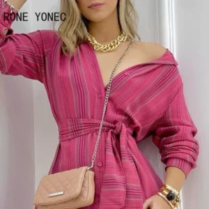 Women Casual Striped V neck Long Sleeves Sashes mini Sexy Sweat shirt Dresses - Image 3