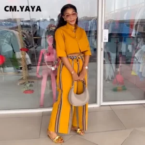 CM.YAYA Women's Set Half Sleeve Blouse Shirt and Striped Wide Leg Pants 2025 Summer Street Two 2 Piece Sets Outfits Tracksuit - Image 3