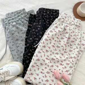 American Style High Street Flower Casual Pants Women Elastic Waist Loose Straight Wide Leg Pants Fashion Printing Sport Pants - Image 3