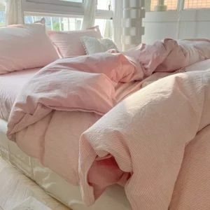 100% Washed Cotton Duvet Cover Set Cream, 4 Pieces Luxury Soft Bedding Set with Buttons Closure,Striped Pattern Duvet Cover - Image 3