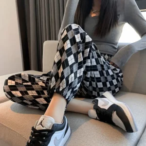 Casual Spring Summer High Waist Loose Harem Trousers Fashionable Korean Plaid Drawstring Nine Points Sports Pants Womens Trend - Image 5