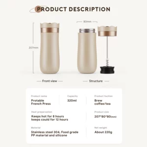 320ML French Press Coffee Tea Maker Stainless Steel Portable Coffee Pot Insulated Travel Mug with Plunger Filter for Outdoor - Image 3