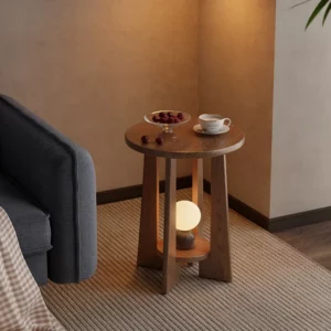 Rubberwood Movable Coffee Table Double-Layer Side Desk Anti-Tilt Thickened Small Round Table Bedroom Tea Stand - Image 1