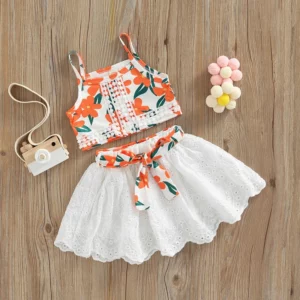 FOCUSNORM 0-4Y Lovely Kids Girls Clothes Sets 2pcs Flowers Lace Spaghetti Strap Camisole + Hollow-out Solid Skirt with Belt - Image 3