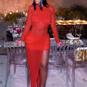 Weird Puss See Through Hipster Dress Women Cross V-Neck Skinny Full Sleeve Sexy Slits Hem Midnight Prom Party Trend Long Bodycon - Image 5