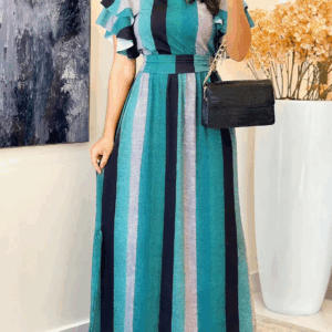 Striped Crew Neck Dress, Elegant Ruffle Sleeve Cinched Waist A-line Maxi Dress For Spring & Summer, Women's Clothing - Image 6
